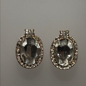 🟣New Vintage Oval Clip-On Clear Colored Faceted Earrings, Goldtone W/Rhinestones